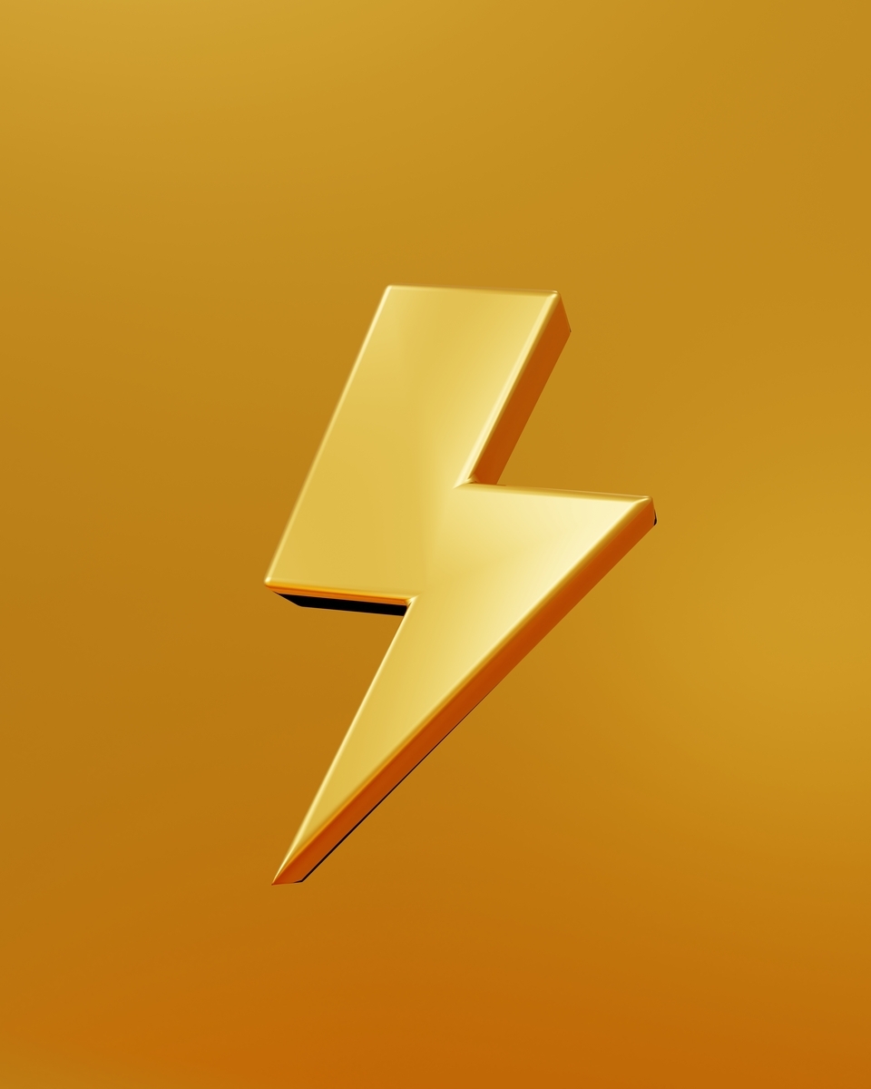 3D rendering. Thunder icon in empty space. Power, electricity, battery, charging concept. Simple square banner in gold color
