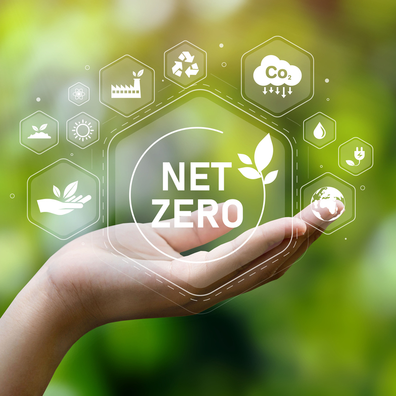 The concept of carbon neutral and net zero. natural environment A climate-neutral long-term strategy greenhouse gas emissions targets with green net center icon on hand cap and green background