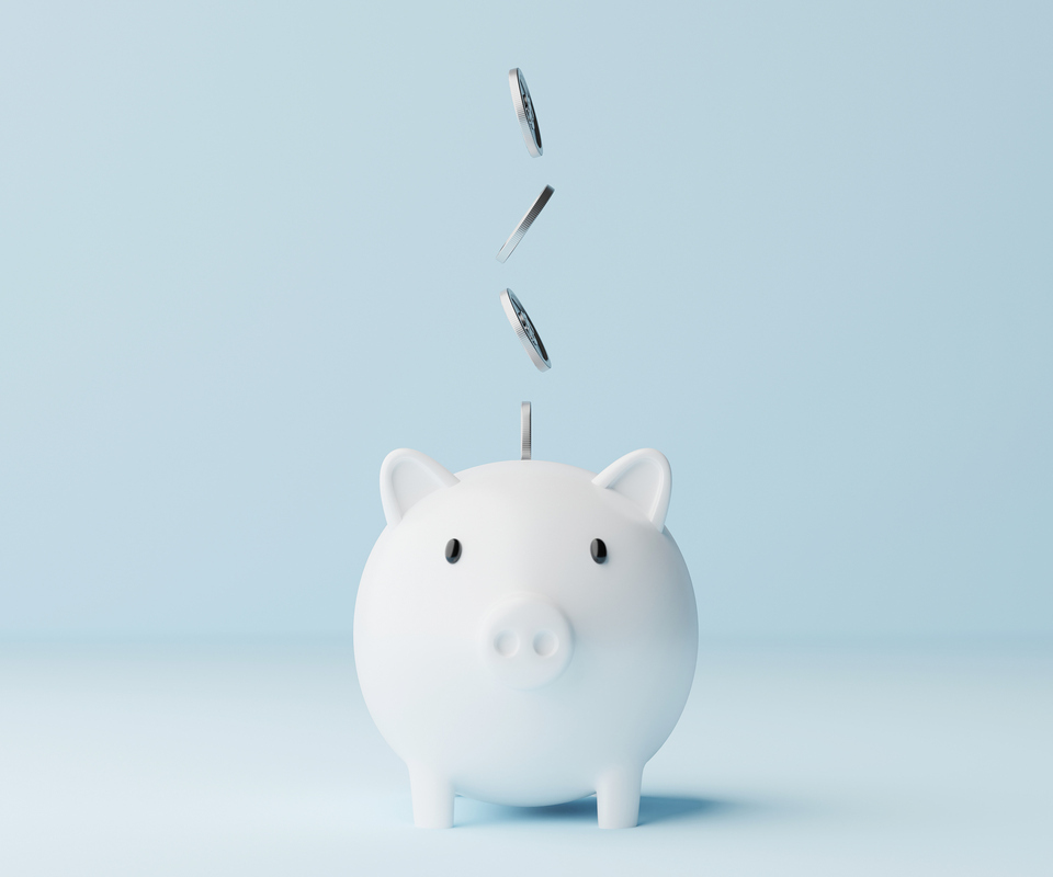 Save money and investment concept. Piggy bank and silver coins falling. 3d rendering illustration